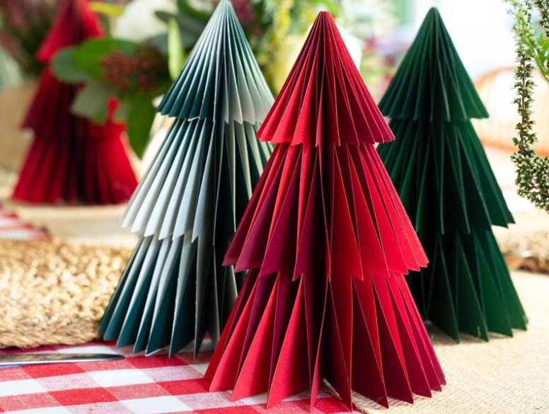 Pack of four honeycomb paper decorations - red and green trees