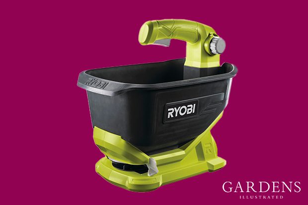 18V ONE+ Cordless Lawn Seed Spreader on a pink background