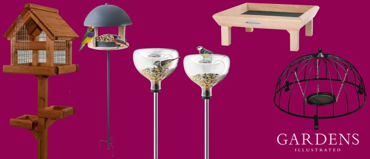 Best bird tables A selection of bird tables on a pink background