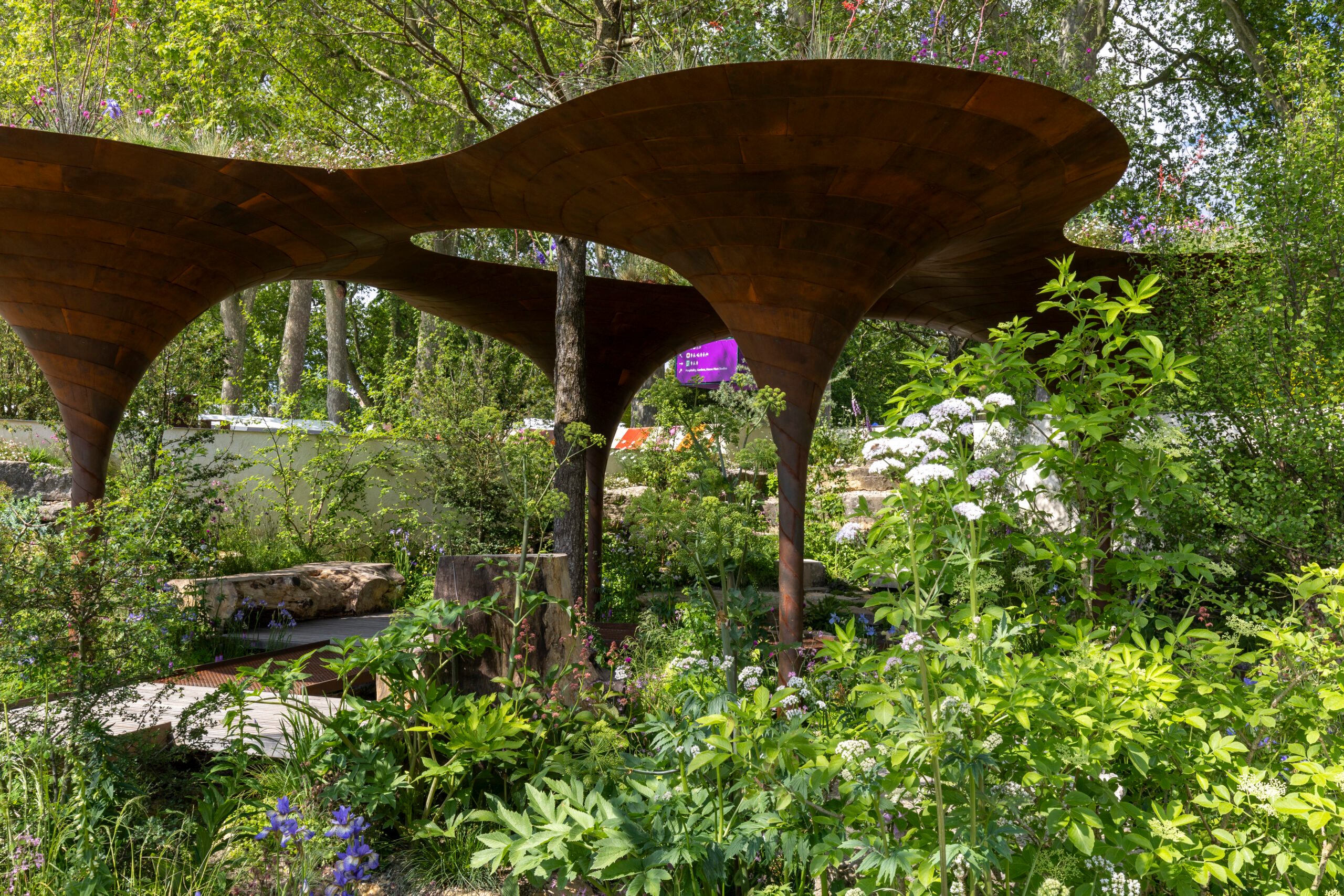 The WaterAid Garden. Designed by Tom Massey and Je Ahn at RHS Chelsea Flower Show 2024. Sponsored by Project Giving Back. In support of WaterAid. Show Garden