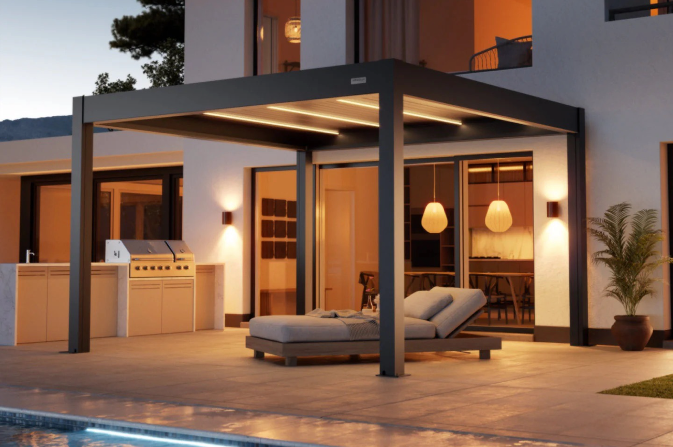 Pergolux's Skydance S3, which has a motorised roof and integrated lights