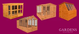 Potting sheds Selection of potting sheds on a pink background