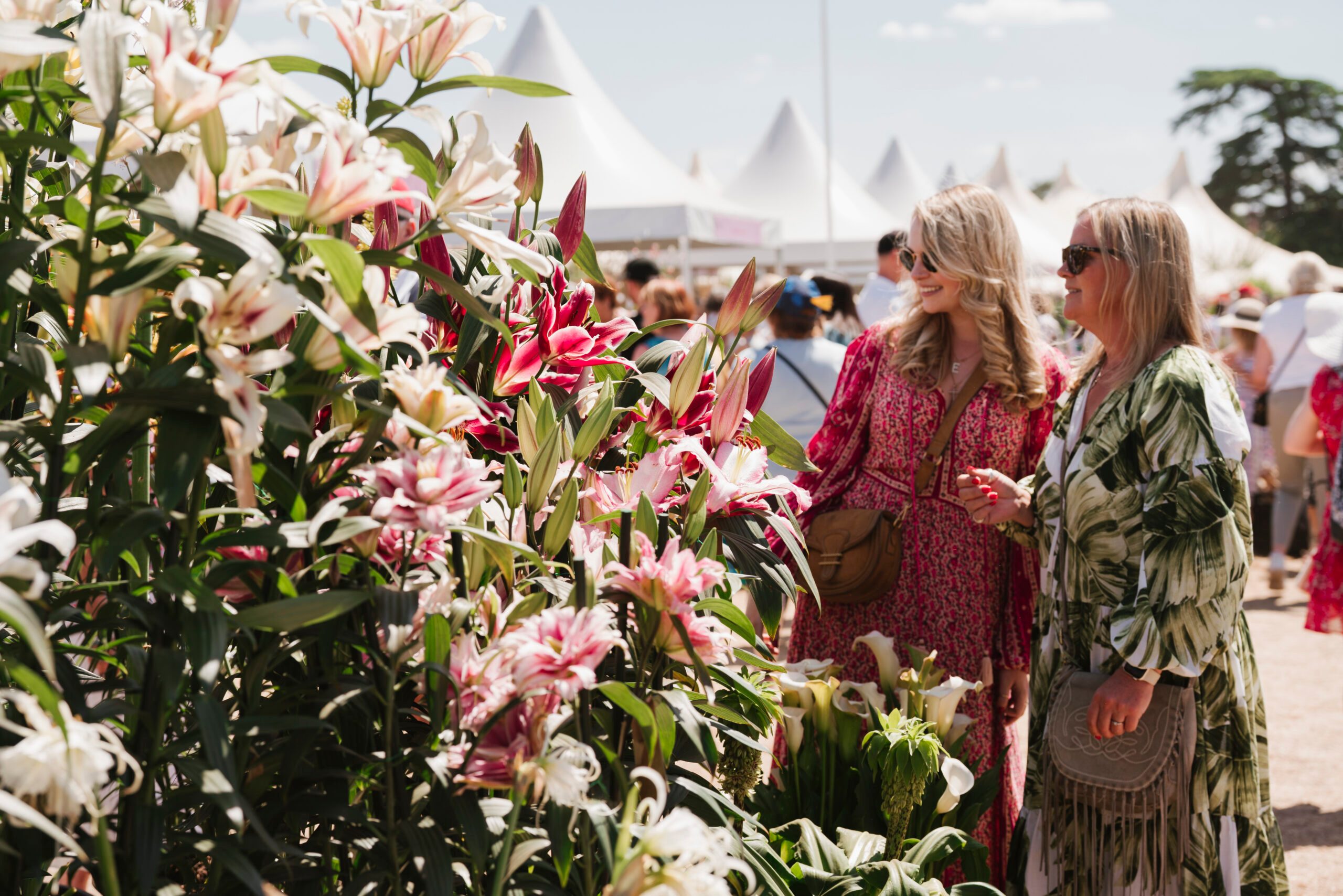 Visitors shopping on trade stands at RHS Hampton Court Palace Garden Festival