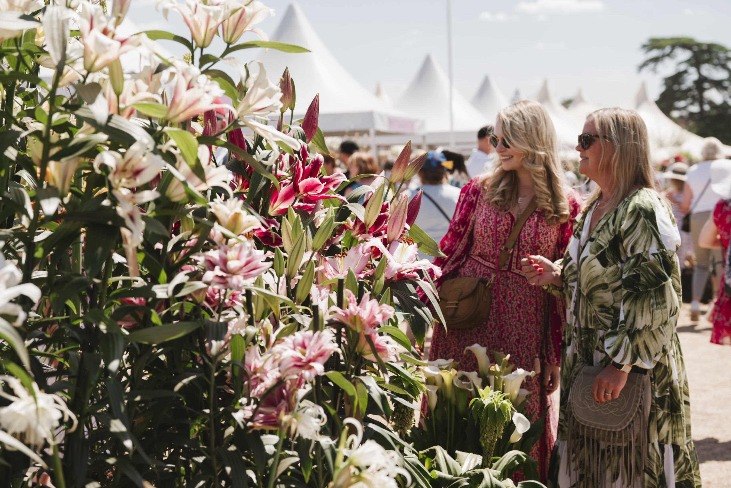 Visitors shopping on trade stands at RHS Hampton Court Palace Garden Festival