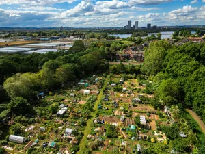 Aerial view of urban allotments in London, UK Allotments in London