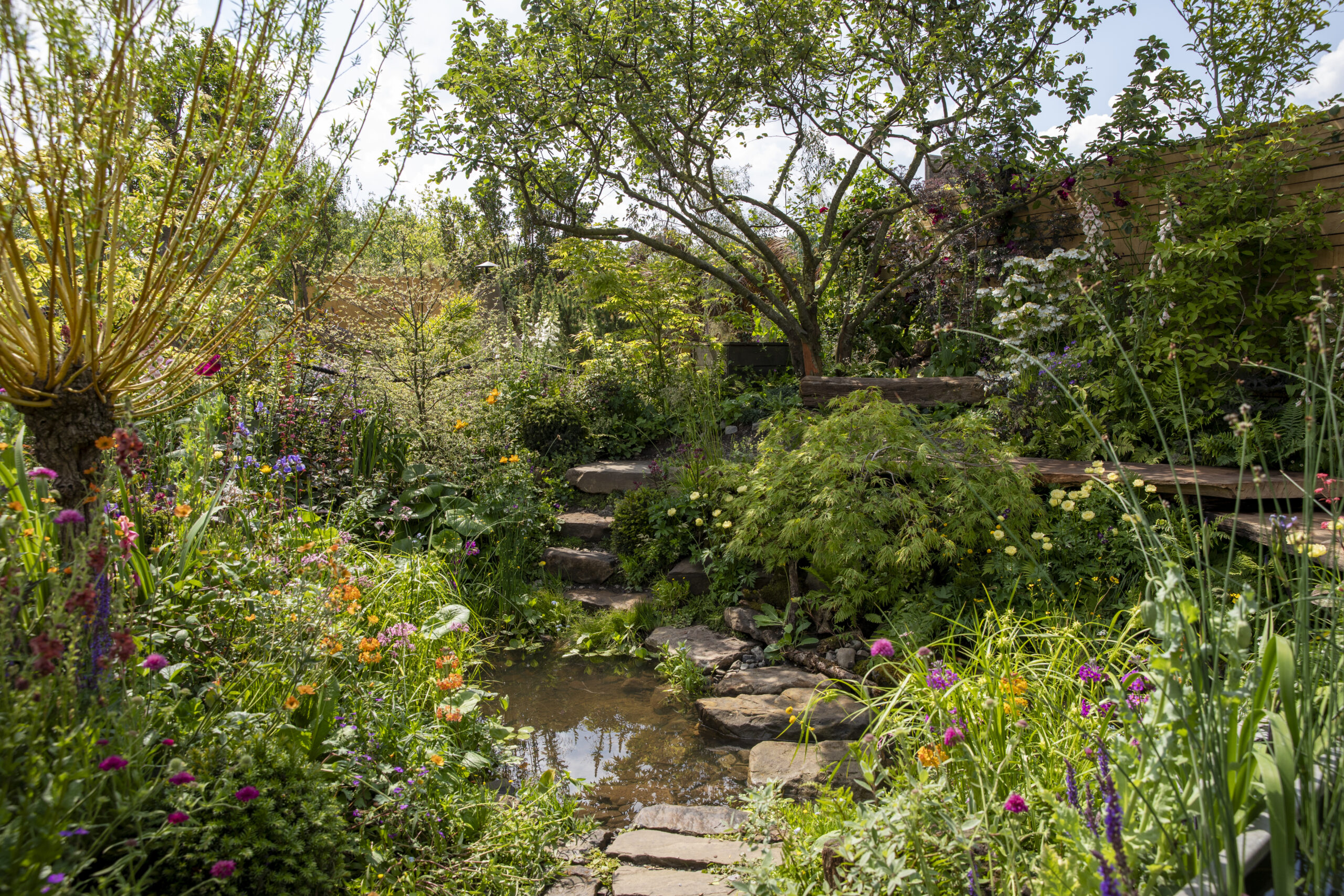 Flood Re: The Flood Resilient Garden at RHS Chelsea Flower Show 2024. Designed by Naomi Slade and Dr Ed Barsley. Sponsored by FloodRe.