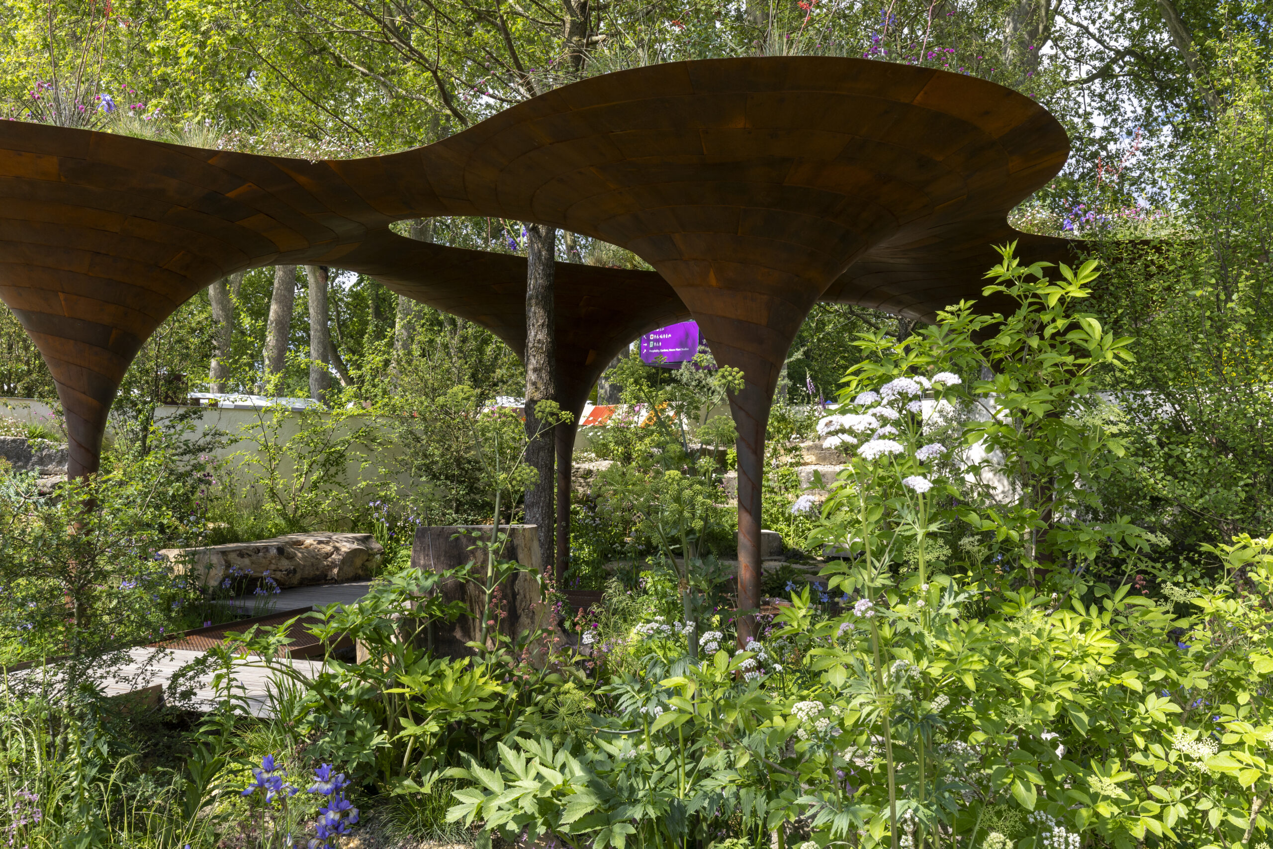 The WaterAid Garden. Designed by Tom Massey and Je Ahn at RHS Chelsea Flower Show 2024. Sponsored by Project Giving Back. In support of WaterAid. Show Garden