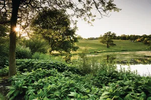 An evening view of the lake, which has evolved to become part of the meadow landscape. Grassy verges take on a coarser texture towards the water. An evening view of the lake at Peter Clay's home Brockhampton Cottage, which has evolved to become part of the meadow landscape. Grassy verges take on a coarser texture towards the water.
