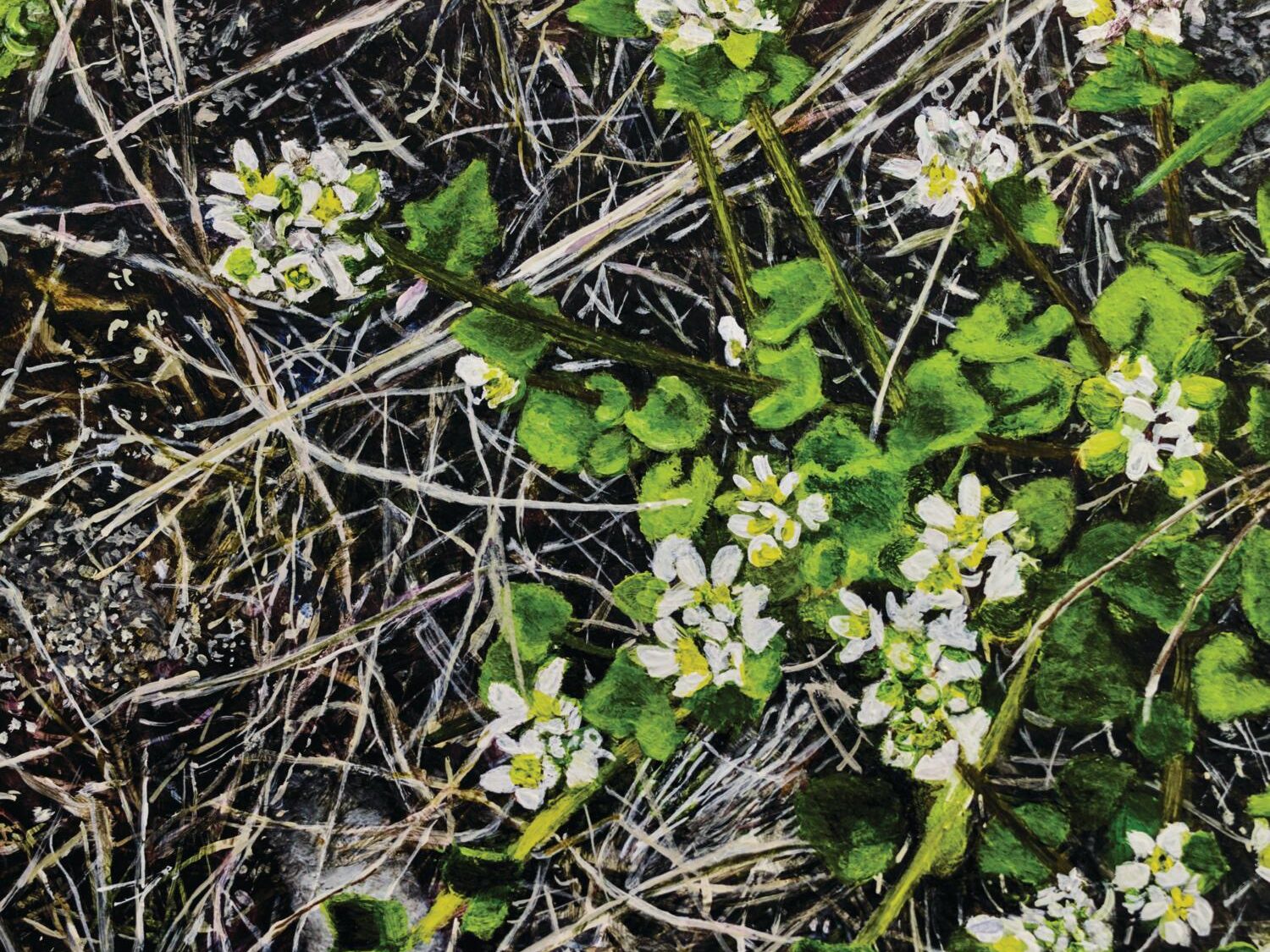 An artwork with sticks and a flower in the foreground