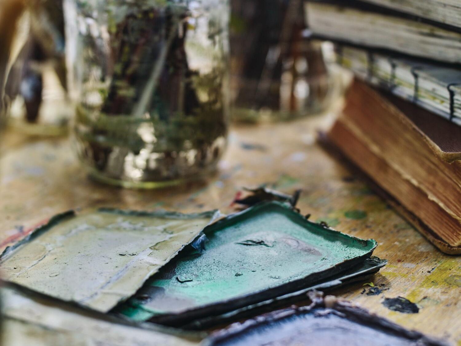 Paintbrushes and mixing paints