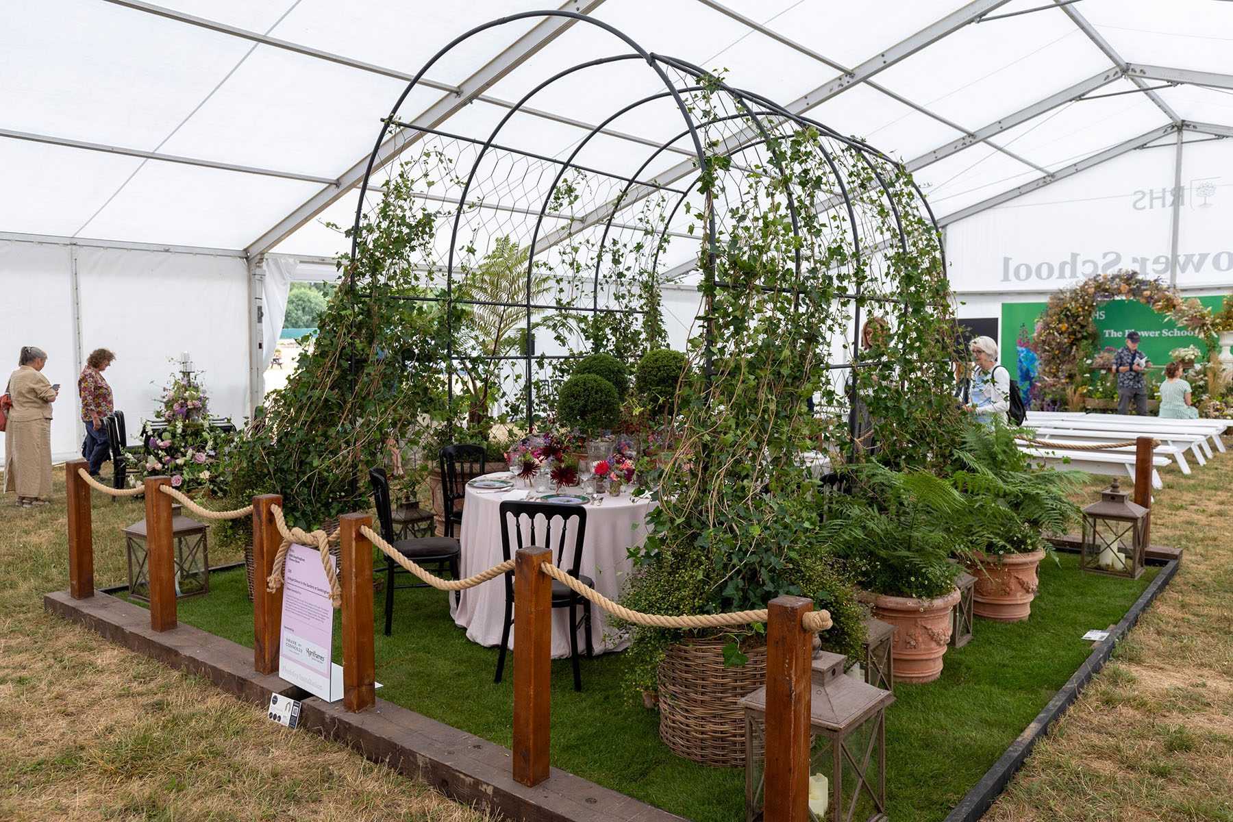 A Royal Dinner in the Garden. Created by Shane Connolly. Show installation. RHS Sandringham Flower Show 2026. Site no. Flower School marquee