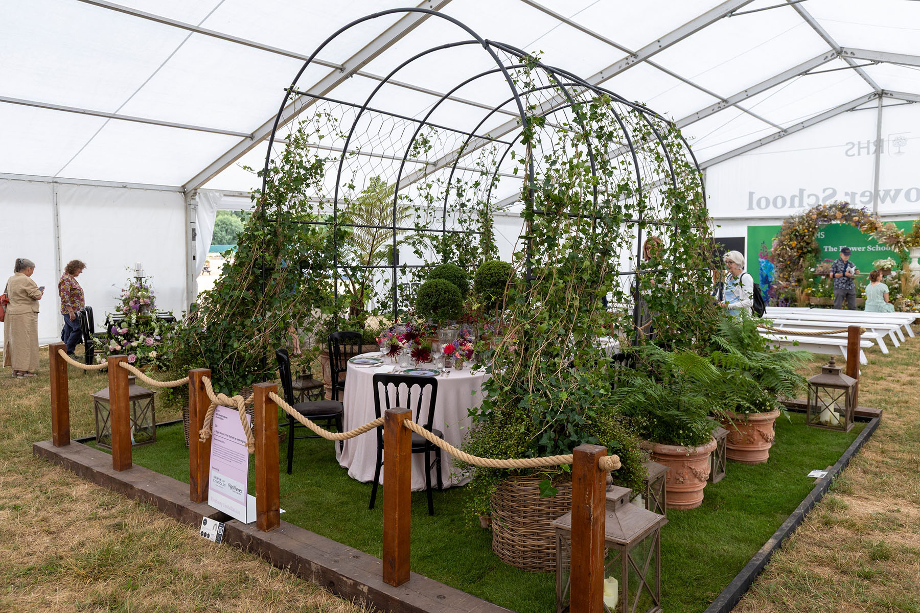 A Royal Dinner in the Garden. Created by Shane Connolly. Show installation. RHS Sandringham Flower Show 2026. Site no. Flower School marquee