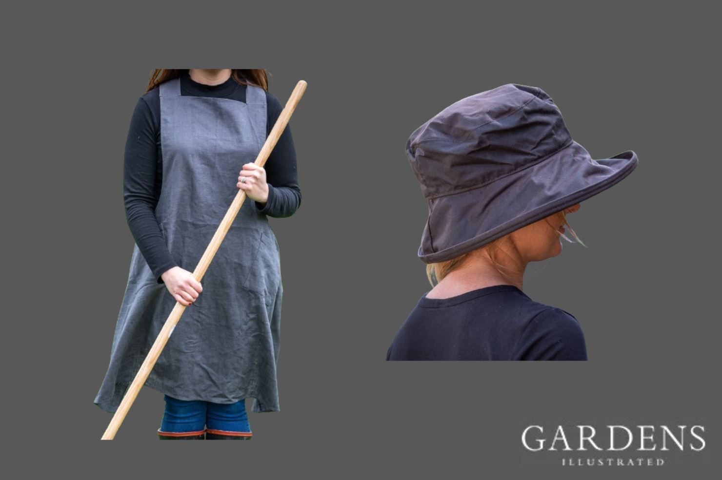 Sarah Raven Gardener's Pinafore and Waxed Cotton Hat on a grey background