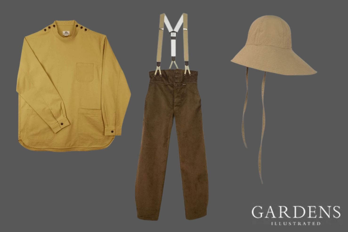 Gardenheir Washed Cotton Drill Gardening Smock, Le Laboureur Corduroy French Farm Pant with Braces and 3L Waterproof Garden Hat on a grey background