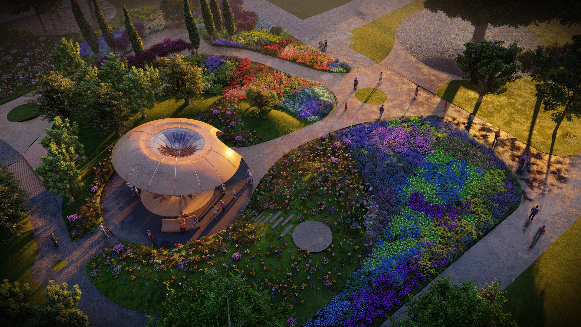 A futuristic pavilion sits at the centre of a colourful flower garden