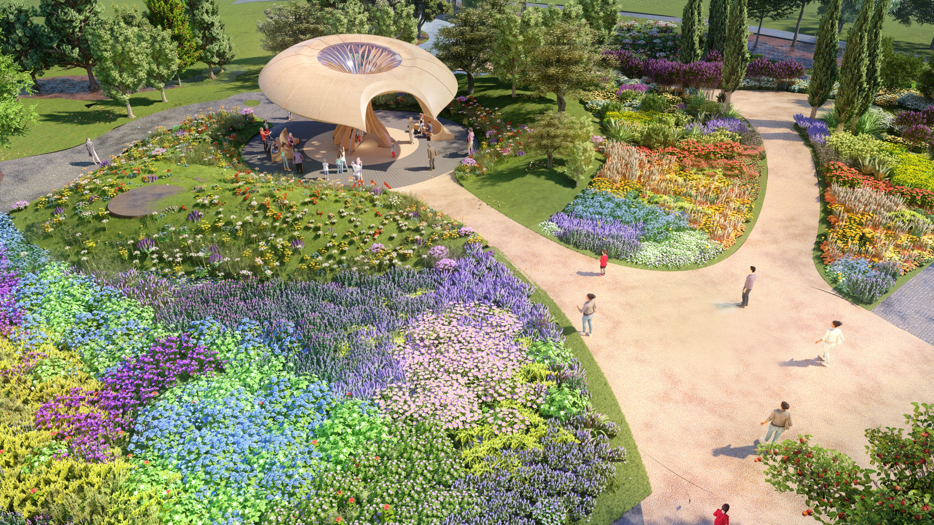 A futuristic pavilion sits at the centre of a colourful flower garden