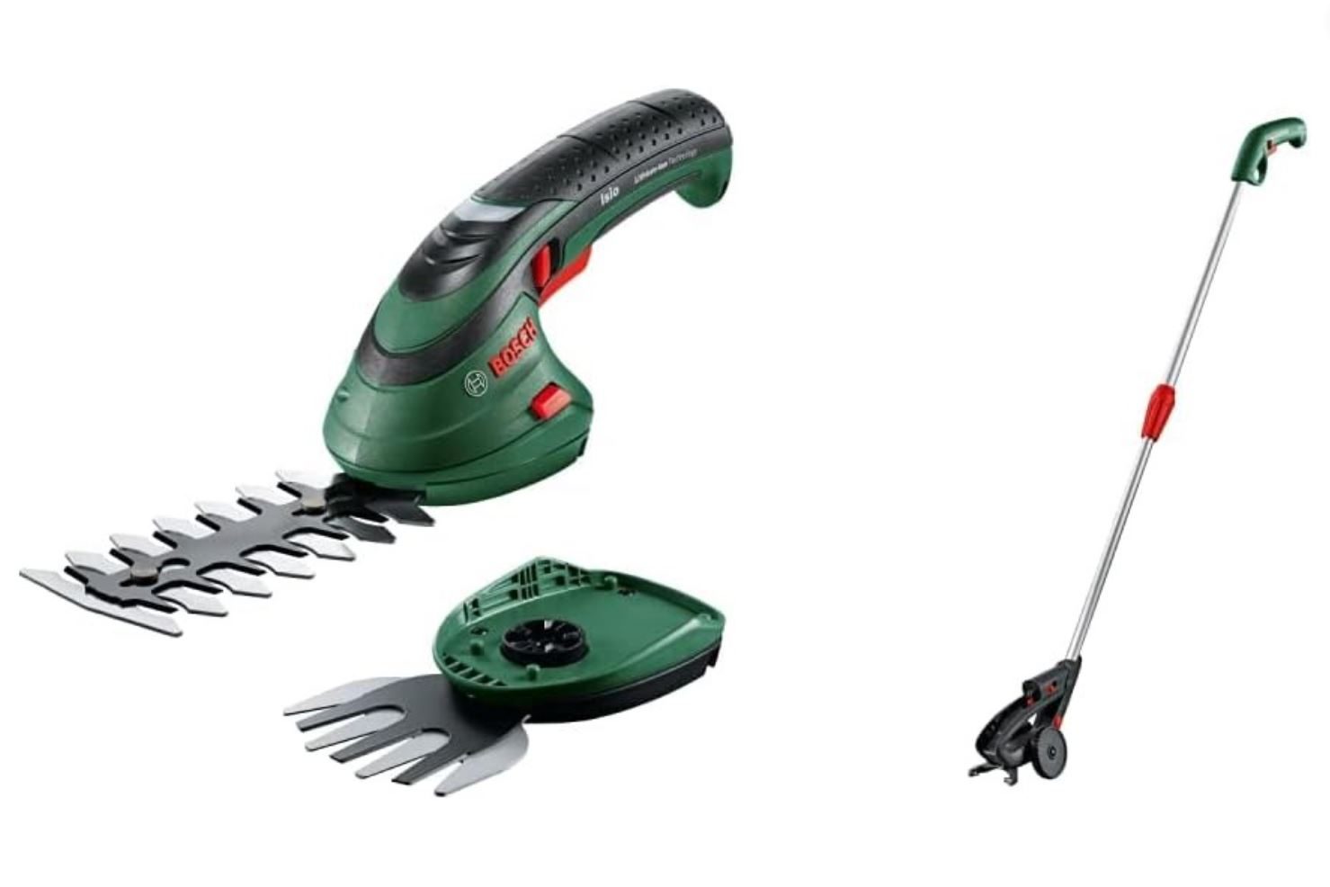Bosch Isio lawn shears and pole set on a white background