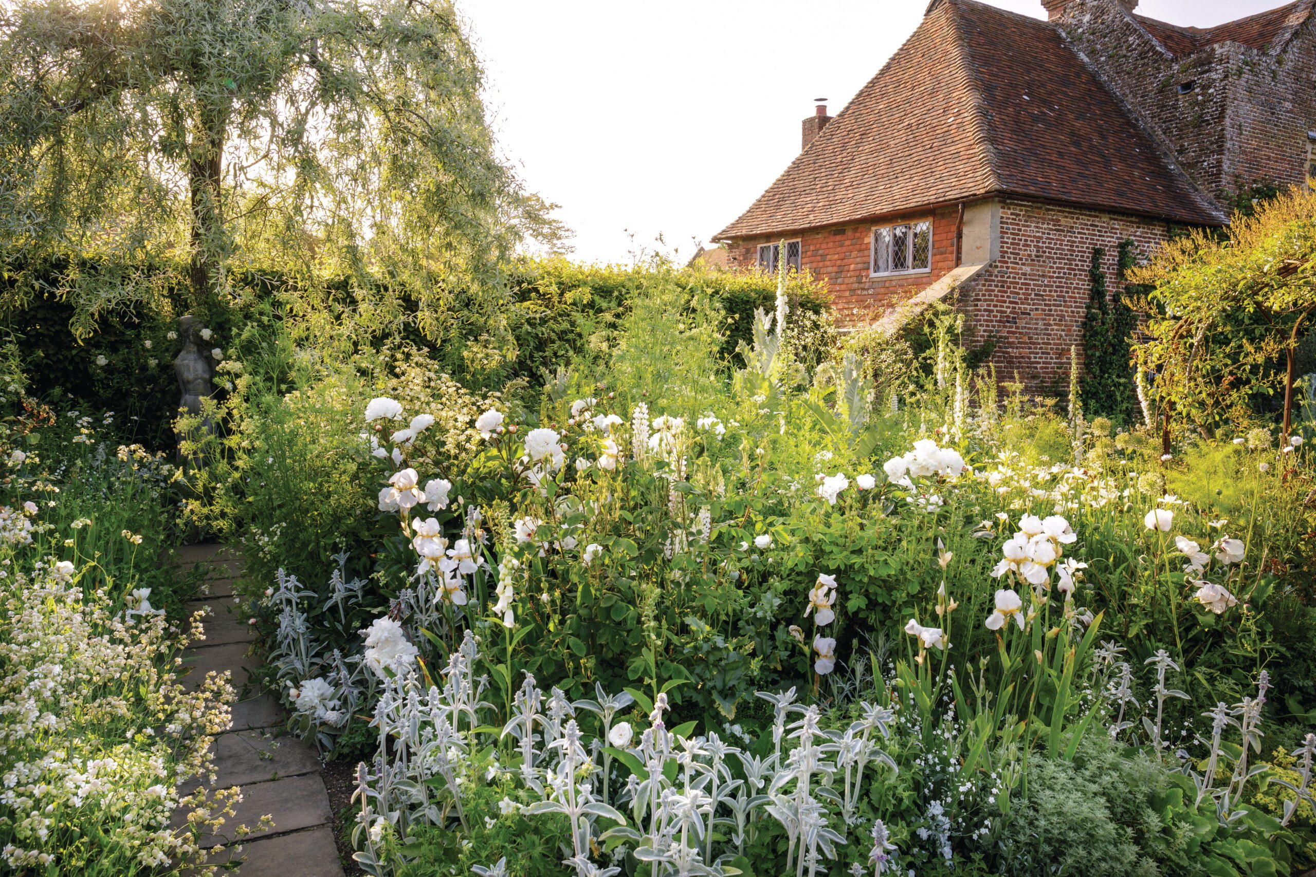 Made in the early 1950s, the White Garden represents the plantsmanship of Vita at its most highly developed. In early summer the creamy-white, fragrant flowers of Rosa ‘Madame Legras de Saint Germain’ sit cheek by jowl with Paeonia lactiflora ‘Duchesse de Nemours’. The grey foliage of Stachys byzantina offers a change of tone and the curious flowers of the annual white bladder campion, Silene vulgaris, bring a feeling of the wild.