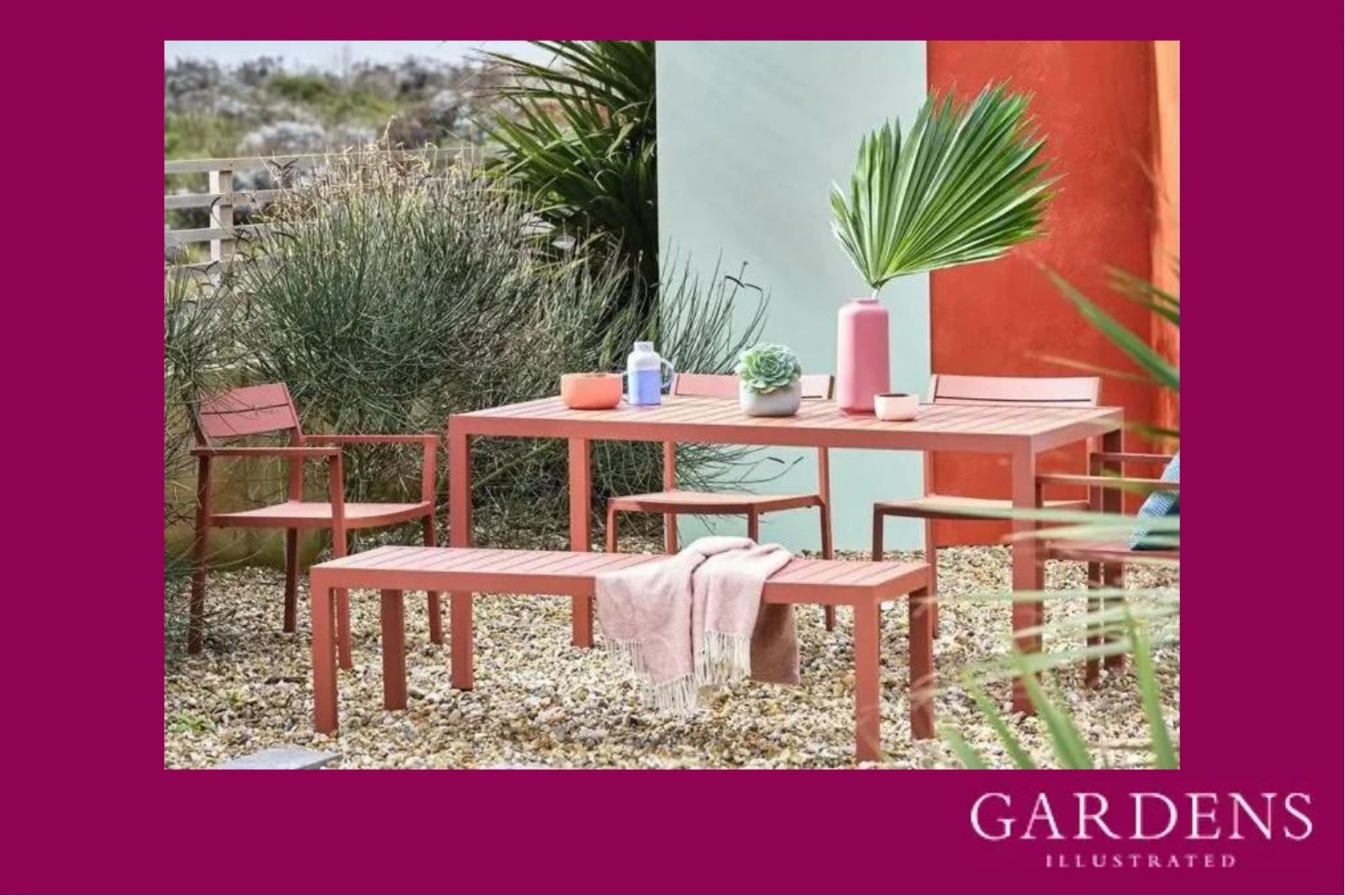 Eos Outdoor Communal Dining Table and Chairs on a pink background