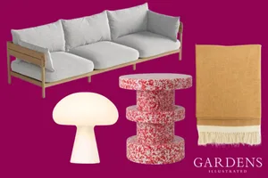 Heal's garden sale Garden furniture items from Heal's on a pink background