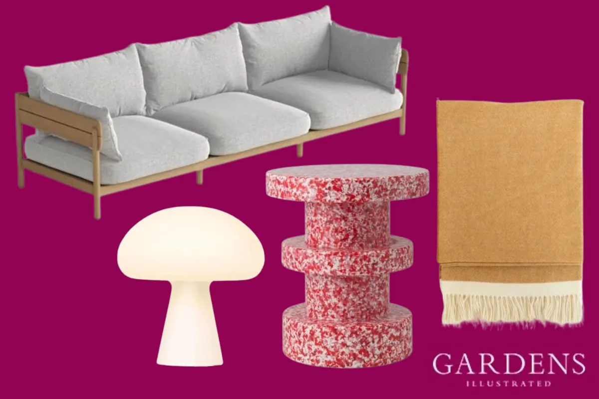 Heal's garden sale Garden furniture items from Heal's on a pink background