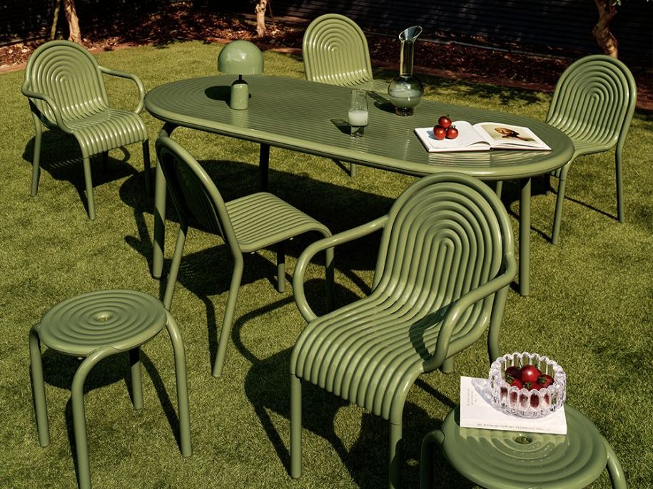 Tom Dixon Groove dining table and chairs in moss