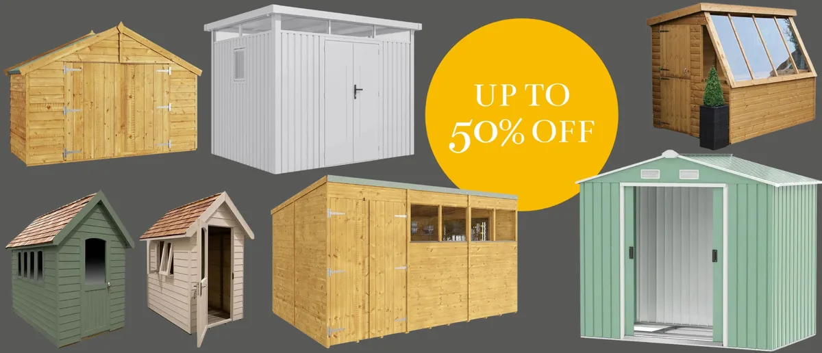 Black Friday shed deals A selection of sheds with a deals sticker on a grey background