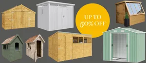 Black Friday shed deals A selection of sheds with a deals sticker on a grey background