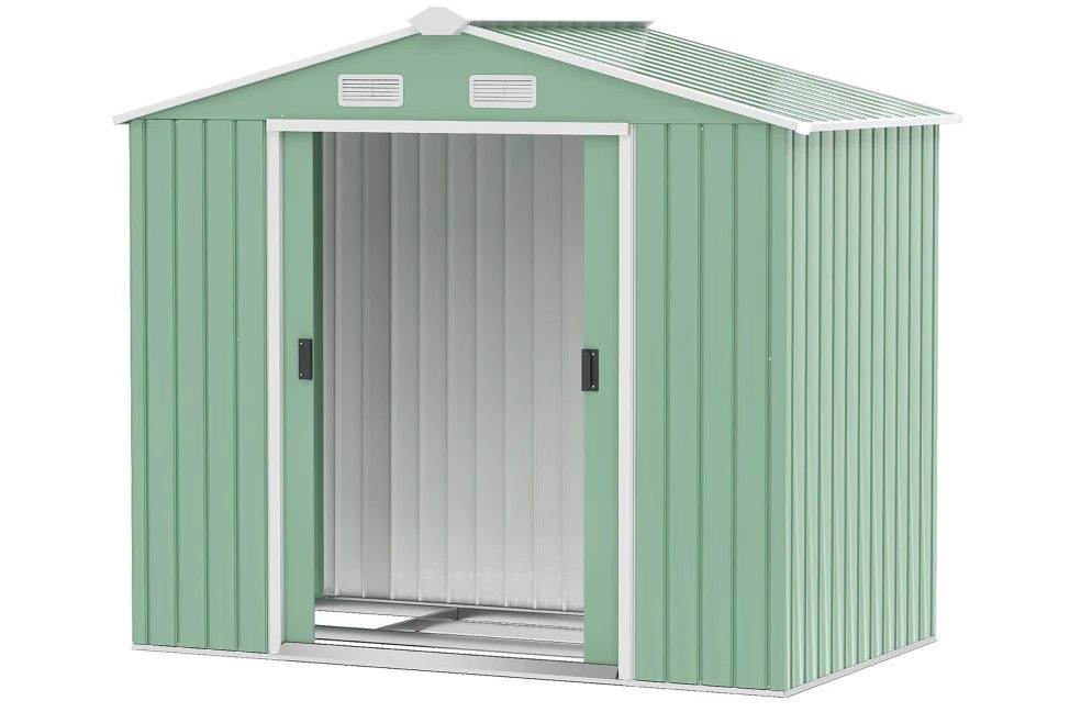 Outsunny 7ft x 4ft Garden Shed in light green on a white background