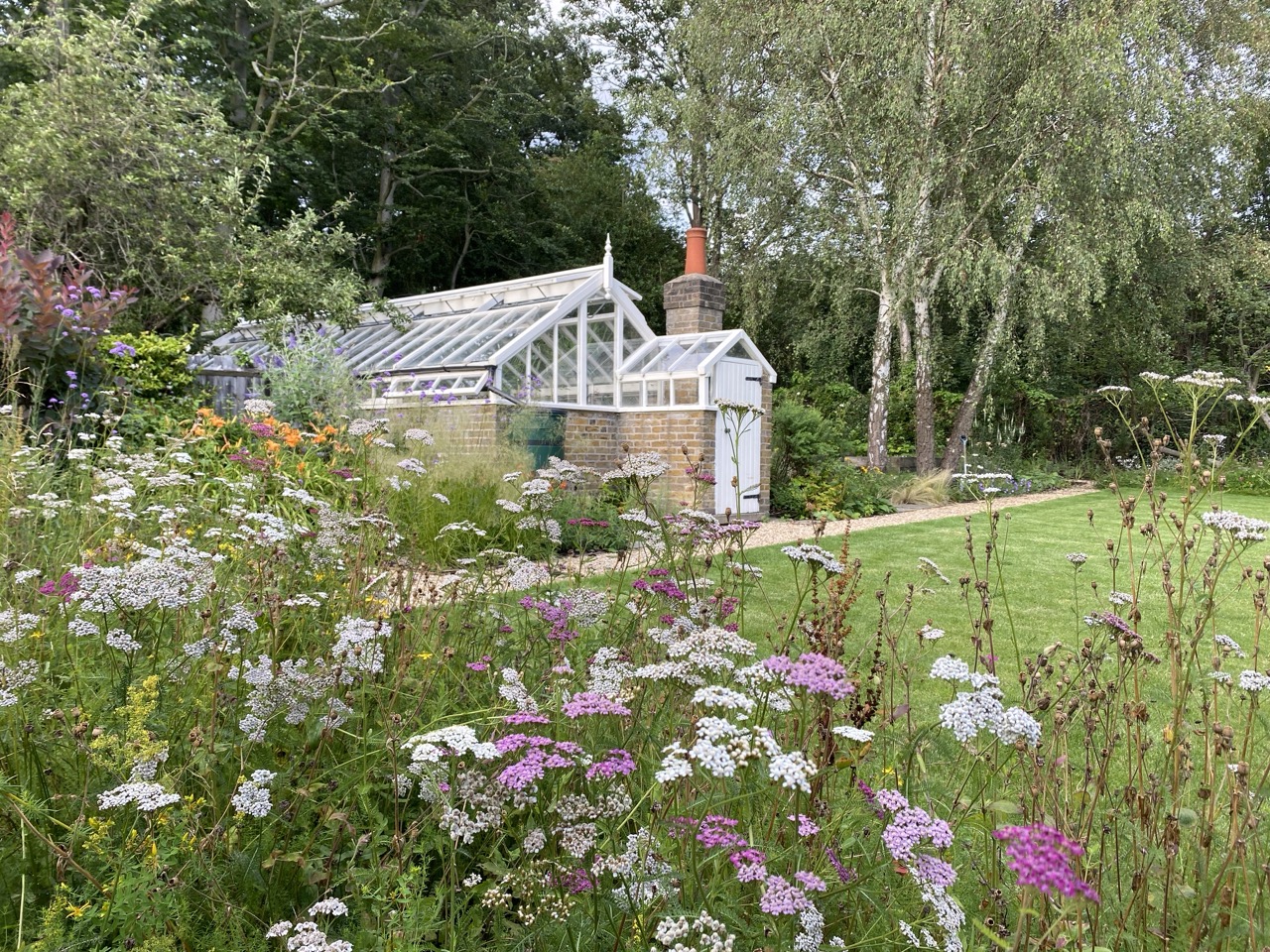 Colourful border plants, with greenhouse and lawn beyond