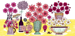 Illustration of cut flowers in vases, including pink and red dahlias. Illustration of cut flowers in vases, including pink and red dahlias.