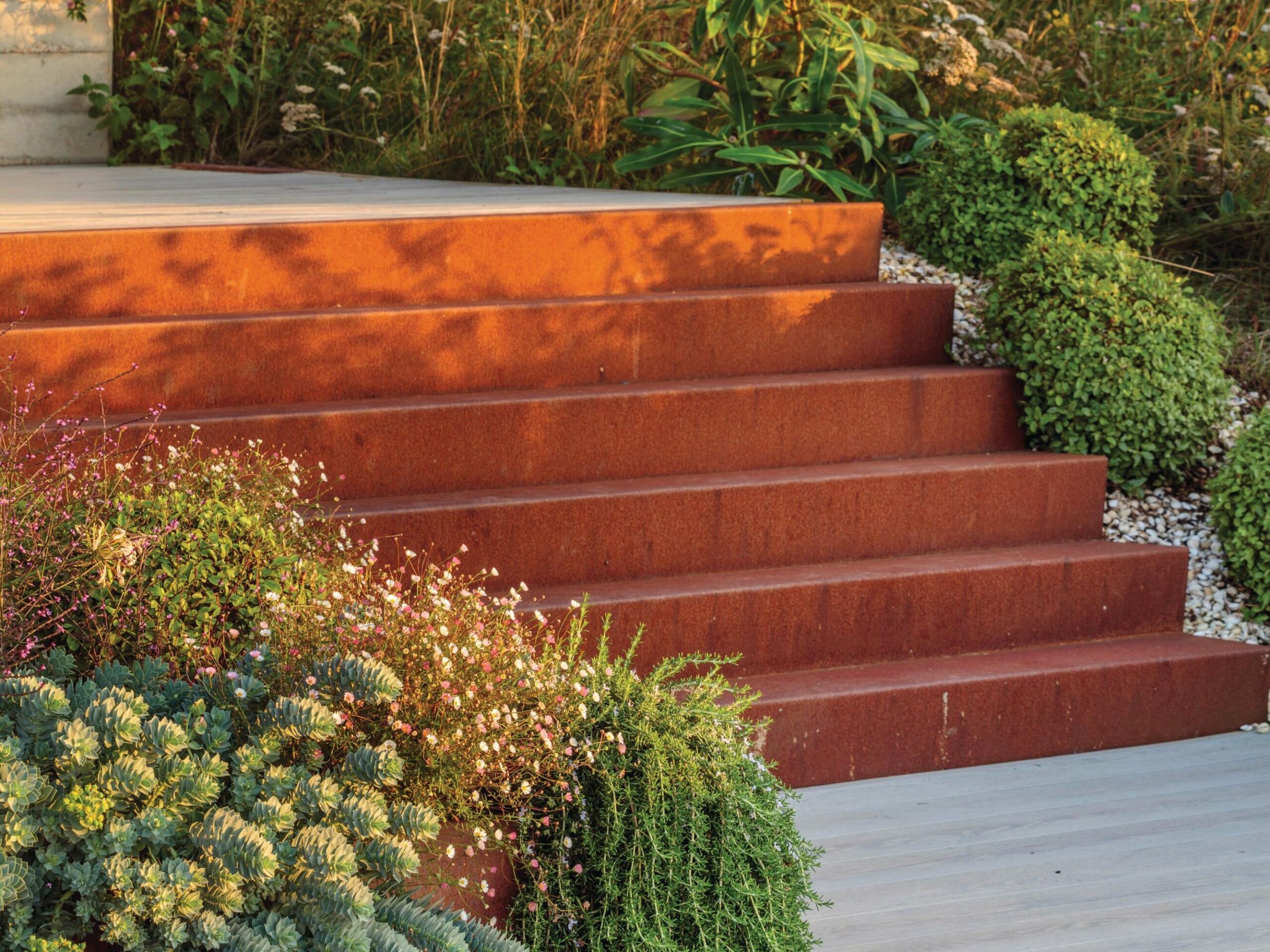 Corten-steel steps run down from the terrace outside the back door, framed by the mini wildflower meadow to one side of the house.