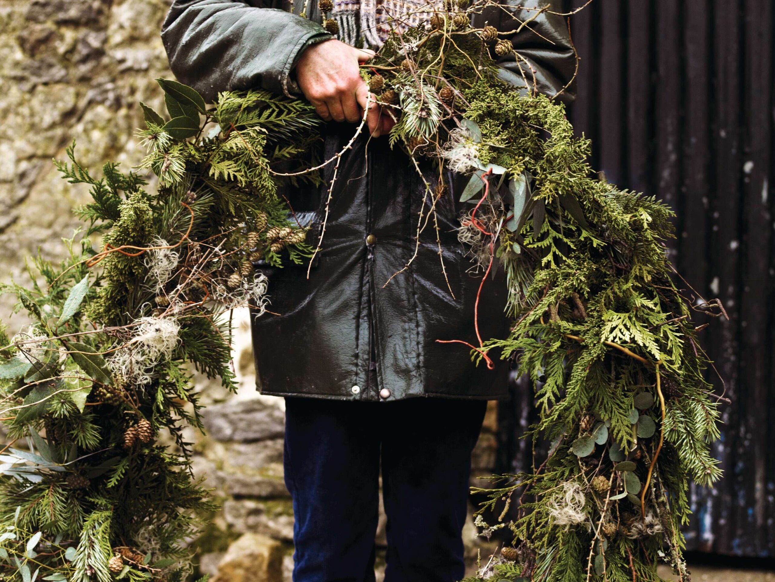 A huge Christmas wreath using natural materials from the garden © Andrew Montgomery
