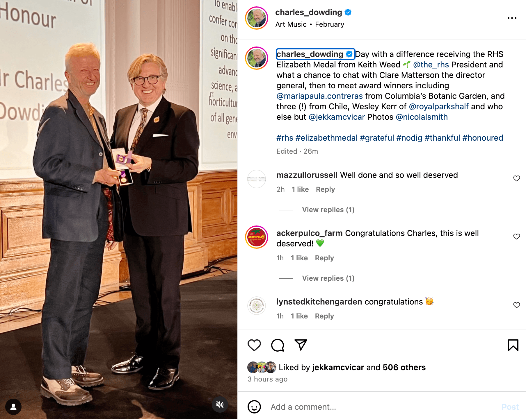 Charles Dowding receiving the RHS Elizabeth medal from Keith Weed