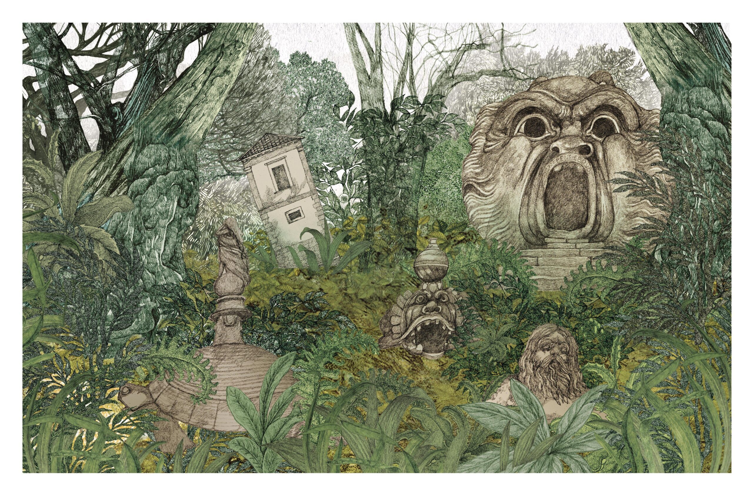 Lucille Clerc’s playful illustrations in Lost Gardens of the World capture the surreal nature of the Gardens of Bomarzo in Italy