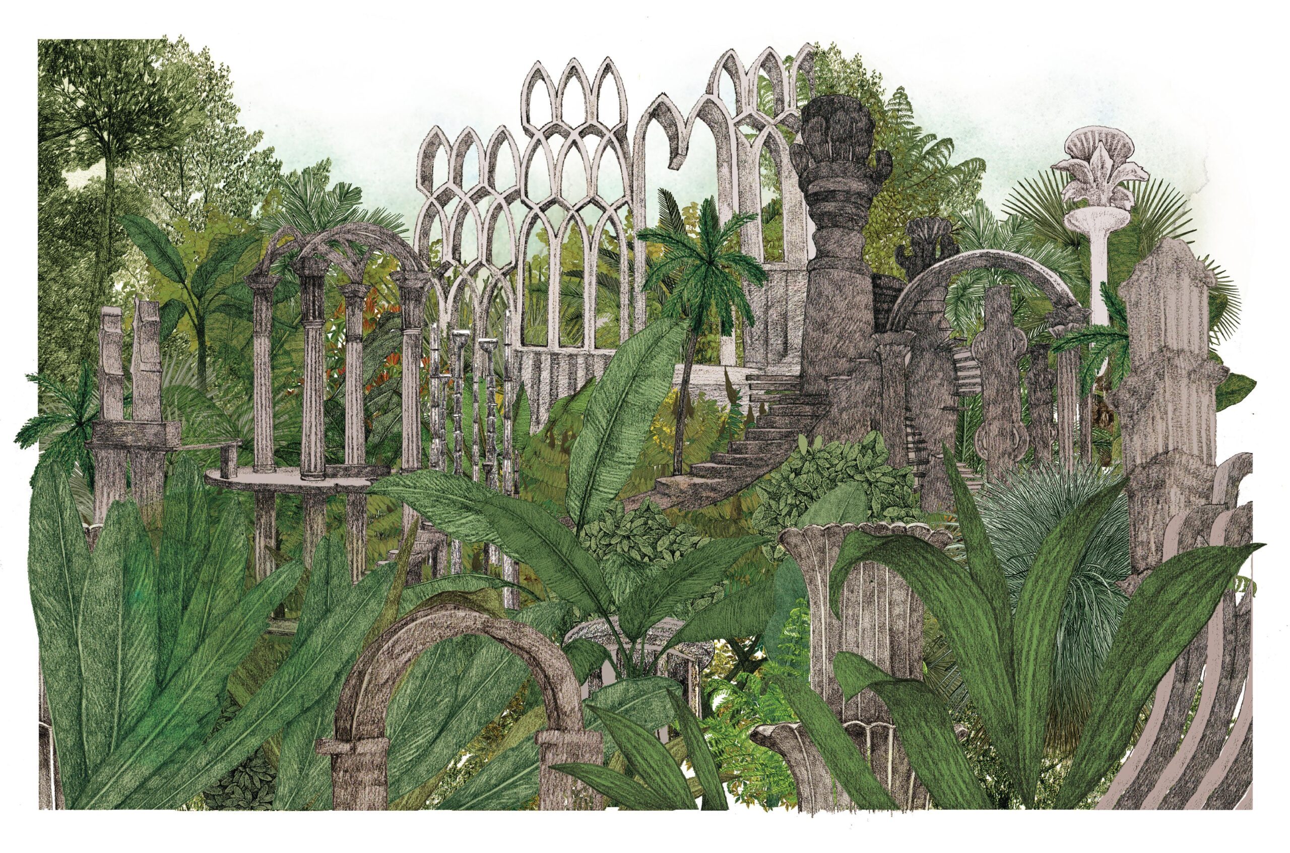 Lucille Clerc’s playful illustrations in Lost Gardens of the World capture the surreal nature of the Las Pozas, Mexico
