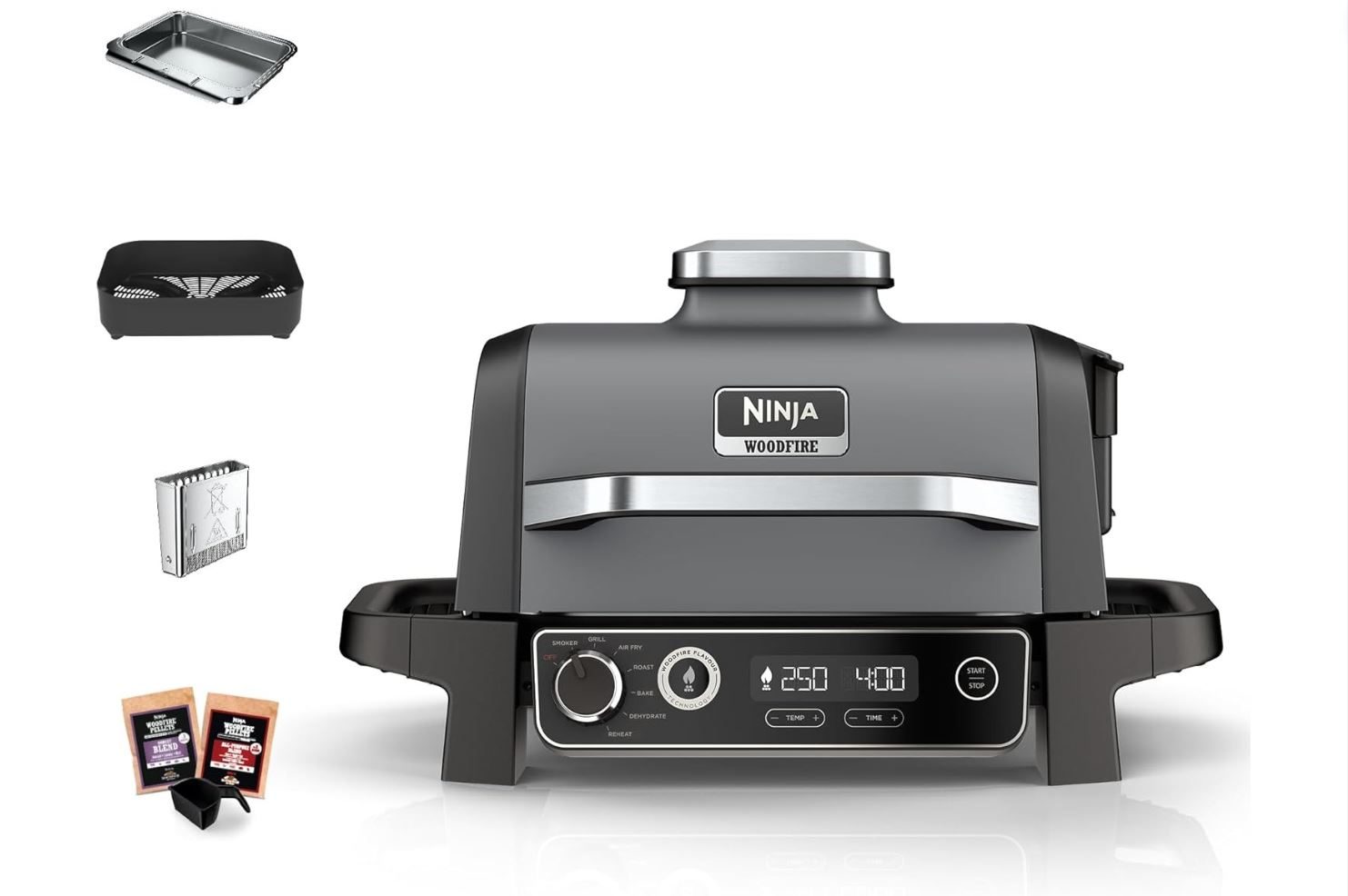 Ninja Woodfire Electric BBQ Grill & Smoker with accessories on a white background