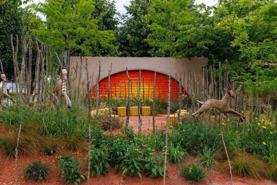 The Lion King Anniversary Garden designed by Juliet Sergeant, sponsored by Disney's The Lion King. RHS Hampton Court Palace Garden Festival 2024.