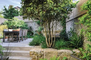 Andy Sturgeon's own garden in Brighton Garden table on patio in summer