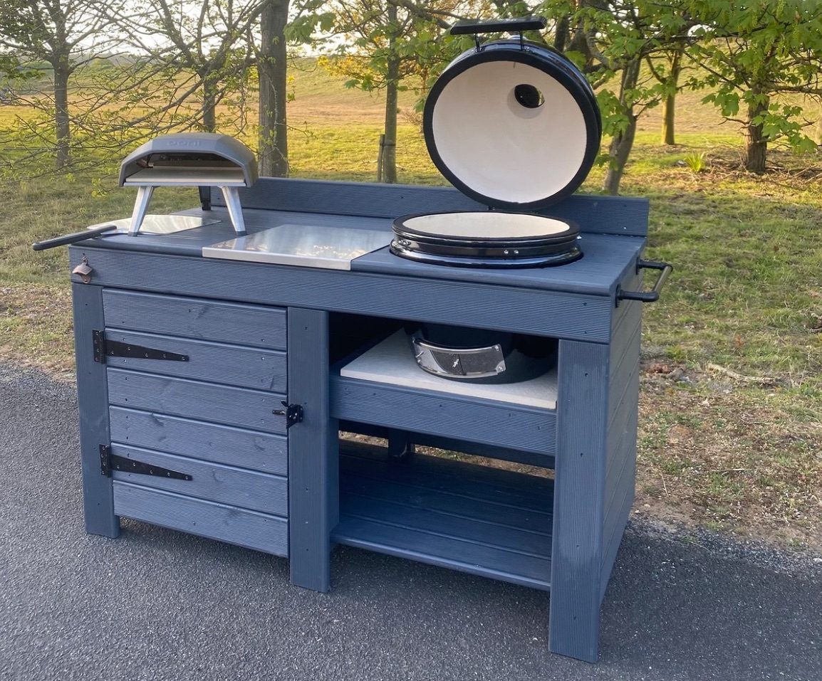 Myoutdoorkitchen Kamado table with storage, BGE, BBQ and pizza table with storage cupboard, outdoor cooking table