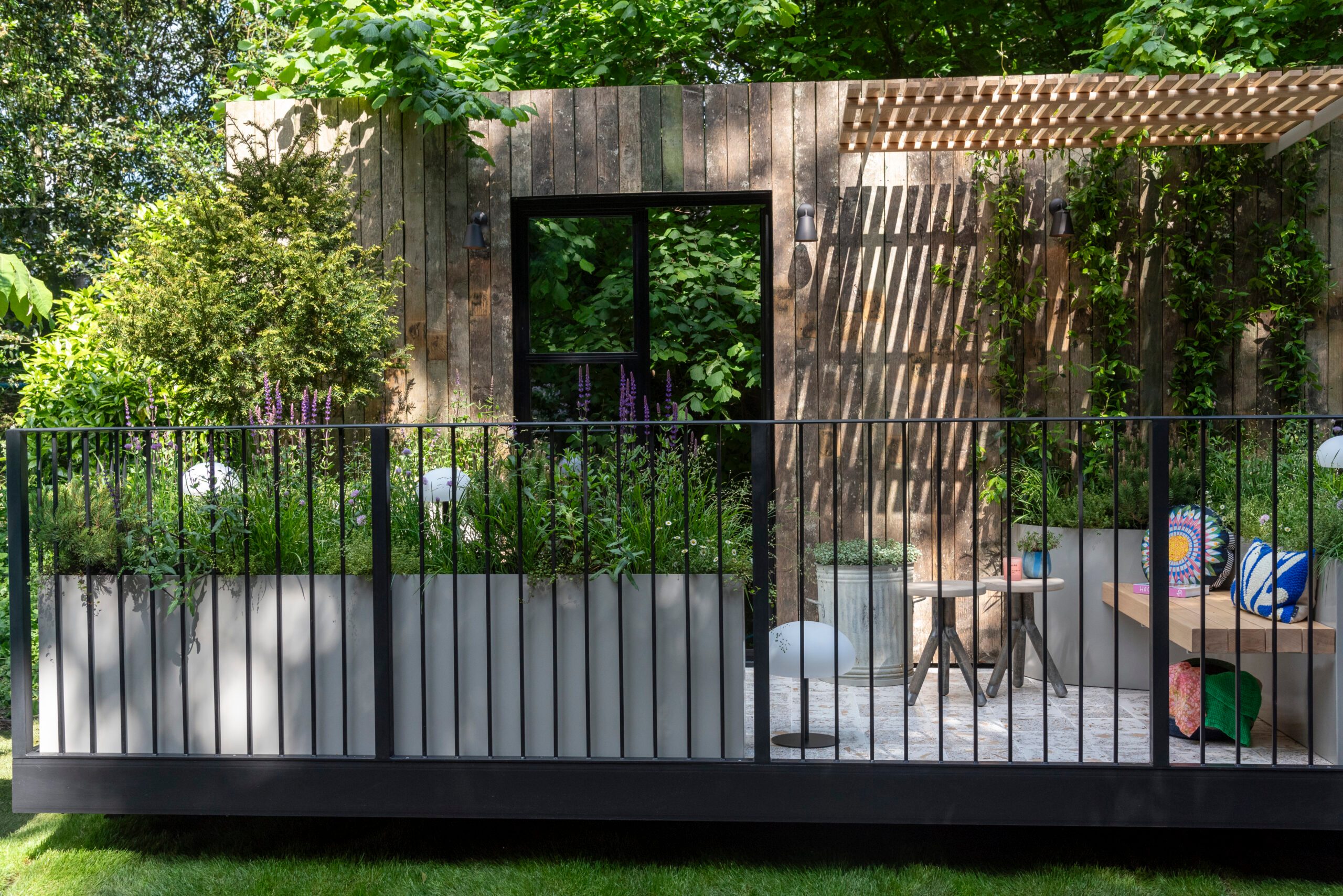 Children With Cancer UK ‘Raines Repurposed’ at RHS Chelsea Flower Show. Designed by Thomas Clarke. Balcony Garden.