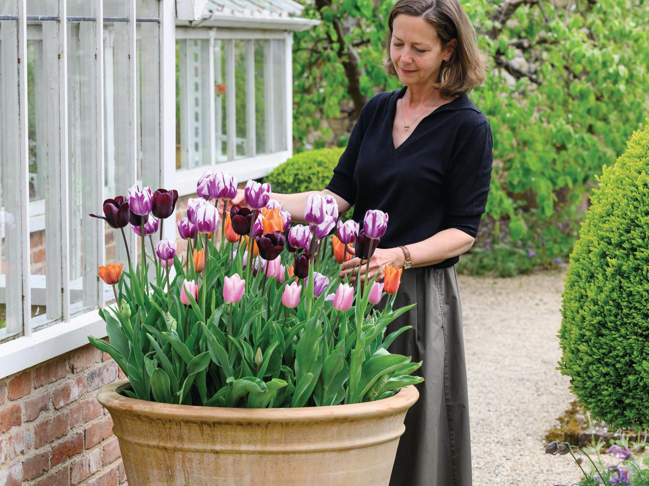 Woman stood by large pot of tulips