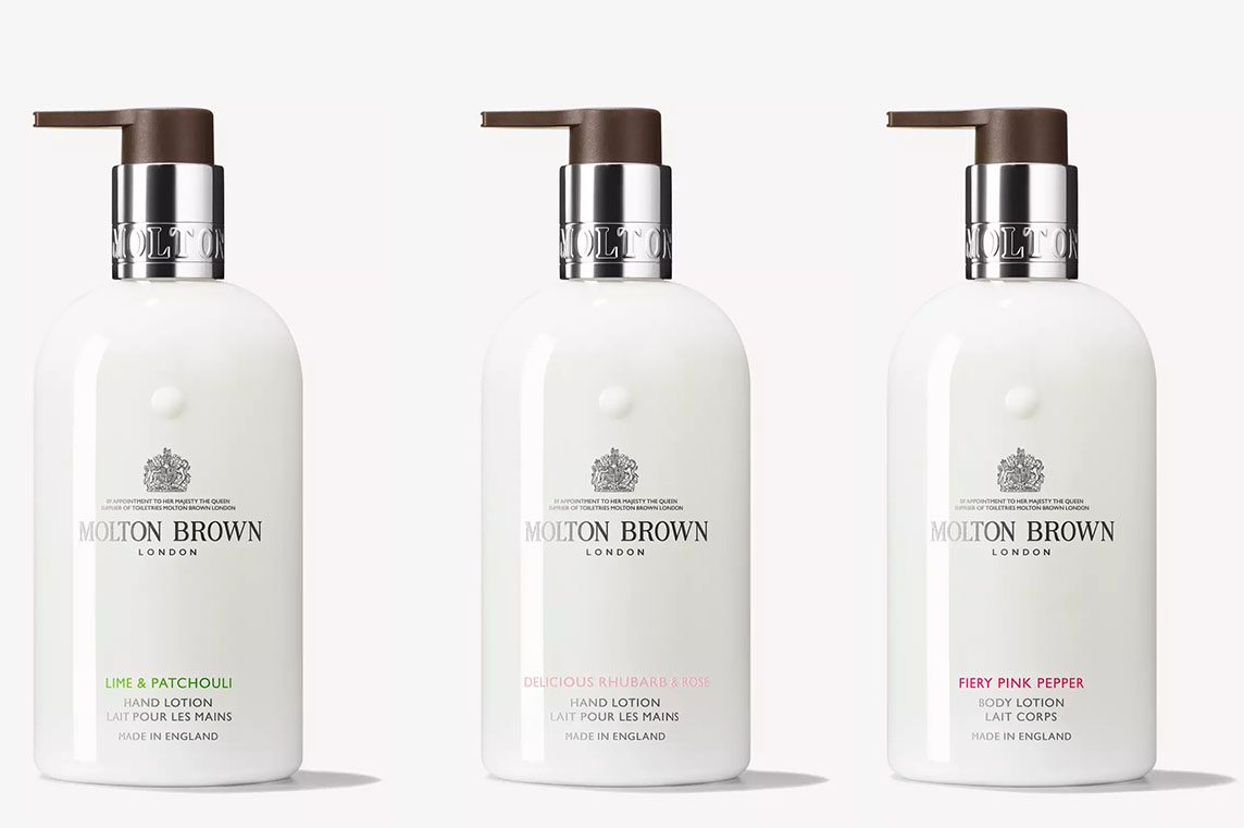 Molton Brown hand lotions on a plain background
