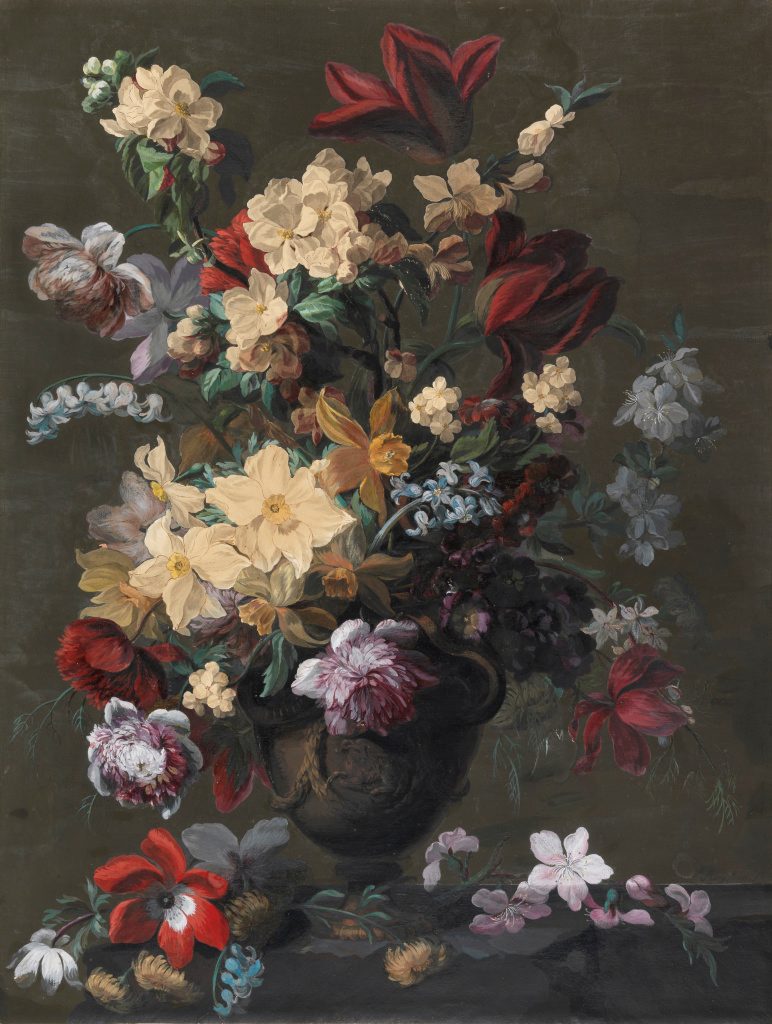 Mary Moser, Flowers in a vase, which stands on a ledge. © The Fitzwilliam Museum, Cambridge.