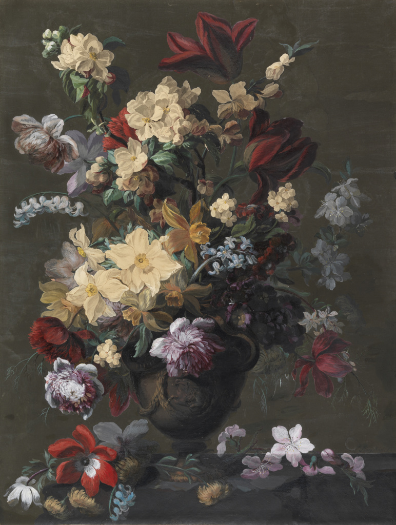 Mary Moser, Flowers in a vase, which stands on a ledge. © The Fitzwilliam Museum, Cambridge.