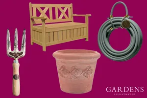 Aesthetic yet practical kit upgrades to make your garden more beautiful A trowel, bench, terracotta pot and hose on a pink background