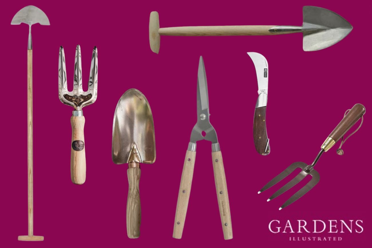 Wooden handled tools on a pink background