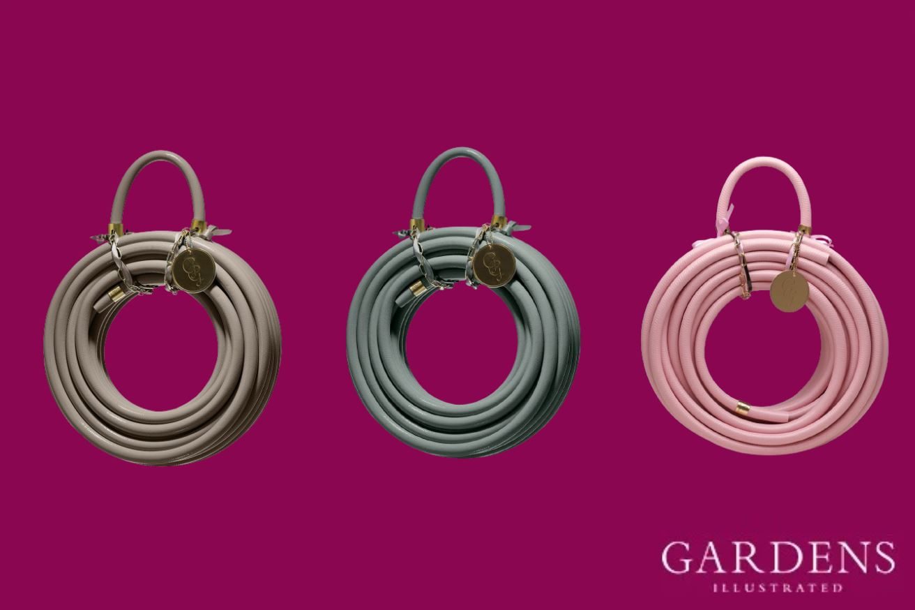 Garden glory hoses on a pink background