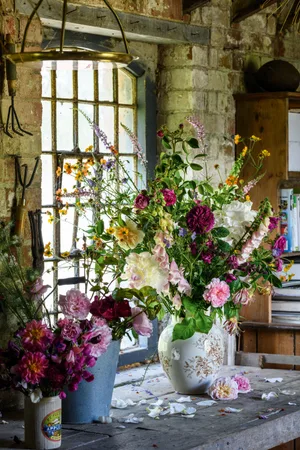 Stokesay Flowers - Barney & Victoria (22nd June 2021) Vase of cut flowers in the work shed