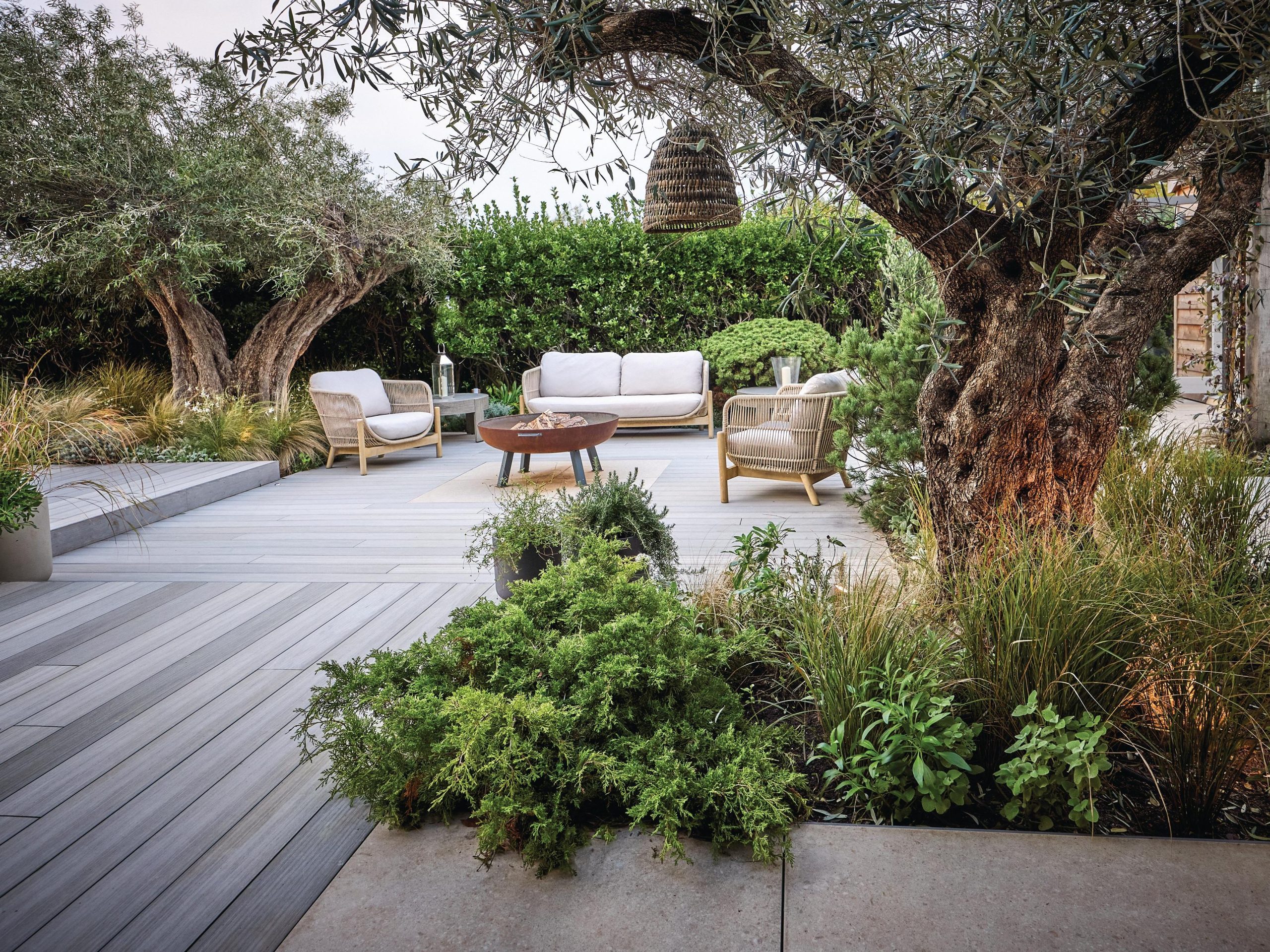 Outdoor seating and tree